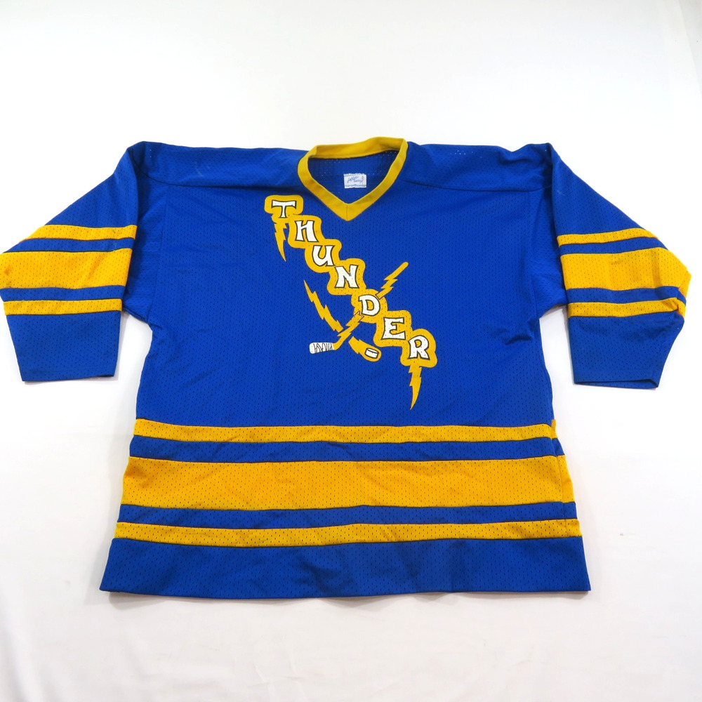 Thunder Hockey Jersey Hess Blue Gold Athletic Sewing Sz XL Vintage